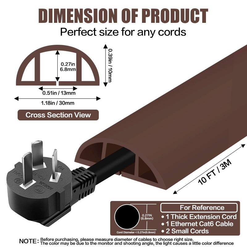 DBHXXMB-HH Floor Cord Cover Self Adhesive Cord Hider,10FT Cable Management, Extension Strip Protector for Wires, Prevent Cable Trips for Offices, Gyms, Exhibitions Cavity:0.39"(W) x 0.27"(H) Coffee - Image 2