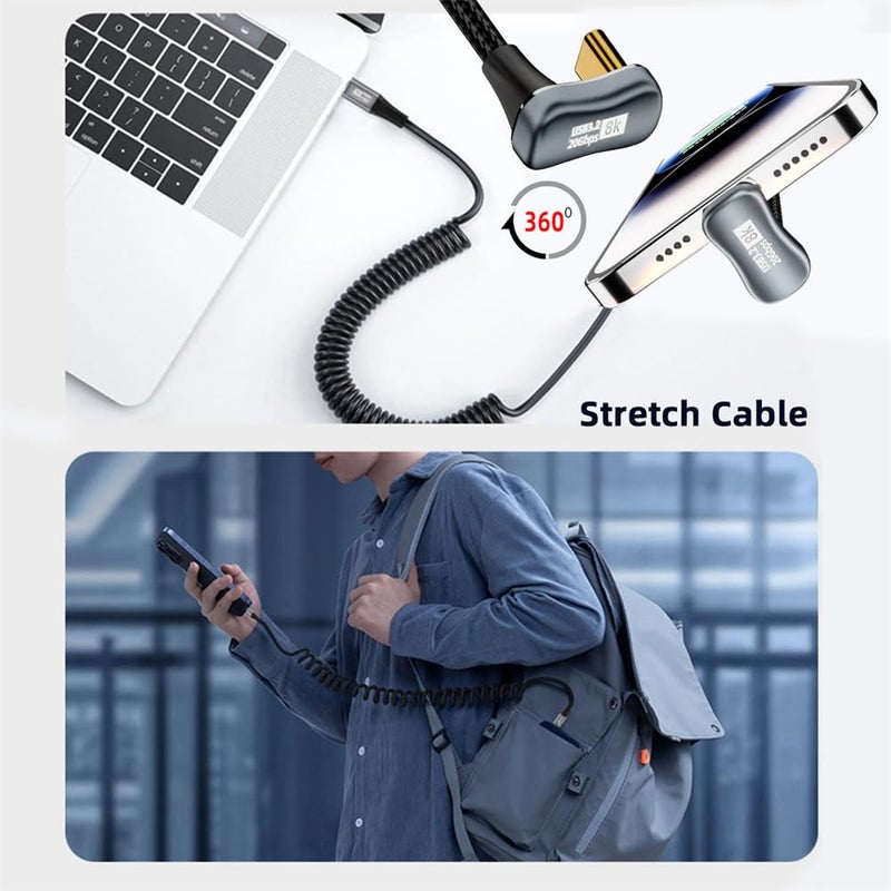 NFHK Stretch Coiled USB-C USB4 Cable 20Gbps 100W 8K Type-C Opposite Back Angled Male to Male Cable Power & Data for Laptop Keyboard Tablet - Image 2
