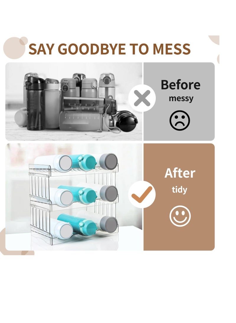 SYOSI - Water Bottle Organizer for Cabinet, 3 Tier Water Bottle Storage Organizer, 9 Bottle Holder Rack, Stackable Water Bottle Storage Rack, Drink Bottle Holderfor Cabinet Fridge Kitchen Organization - Image 1
