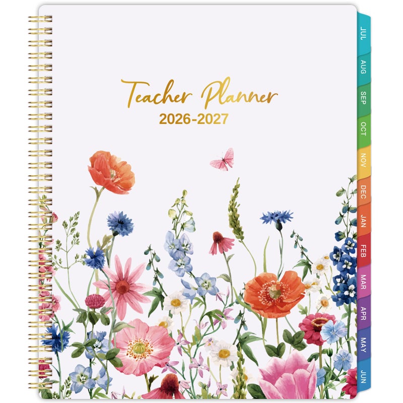 Planrage Teacher Planner 2026-2027 - Teacher Lesson Planner, Academic Planner 2026-2027, July 2026 - June 2027, 8.5" x 11", 26-27 Planner Weekly and Monthly, Lesson Plan Book for Teachers, Colorful Tabs, Inner Pocket - Flowers - Image 1