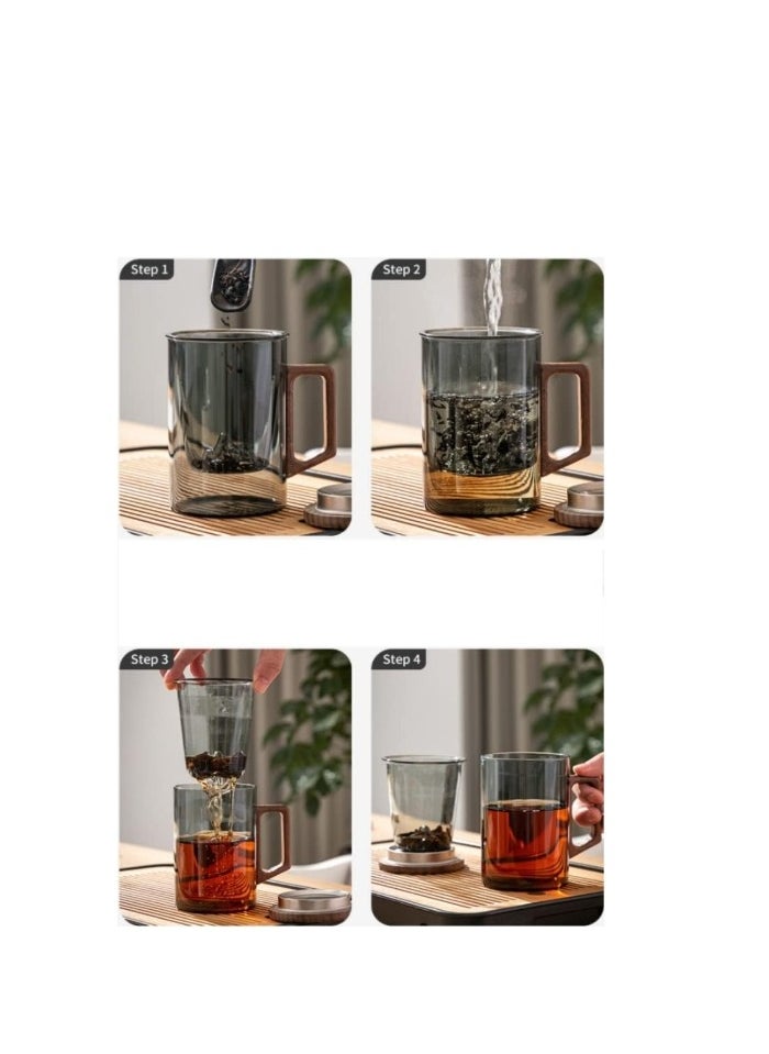 Glass Tea Mug Tea Cup With Infuser And Wooden Handle,Filtered Tea Separation Cup, Infusion Mugs with Inner Filter for Home and Office 500ML