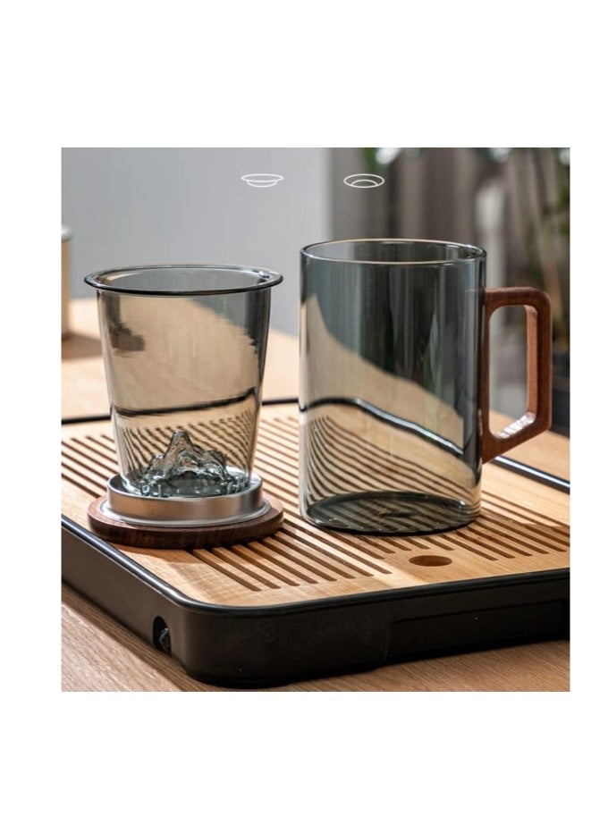 Glass Tea Mug Tea Cup With Infuser And Wooden Handle,Filtered Tea Separation Cup, Infusion Mugs with Inner Filter for Home and Office 500ML