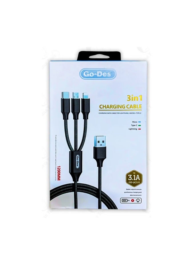 جو-ديز كابل جو ديس متعدد الشحن العالمي 3 في 1 يو إس بي إلى نوع C ل مايكرو يو إس بي ل موصل لايتنينج ل مضفر نايلون ل كابل نقل بيانات فائق السرعة 3.1 أمبير ل متوافق مع أبل/أندرويد ل طول 1200 مم ل اللون أسود - Image 1