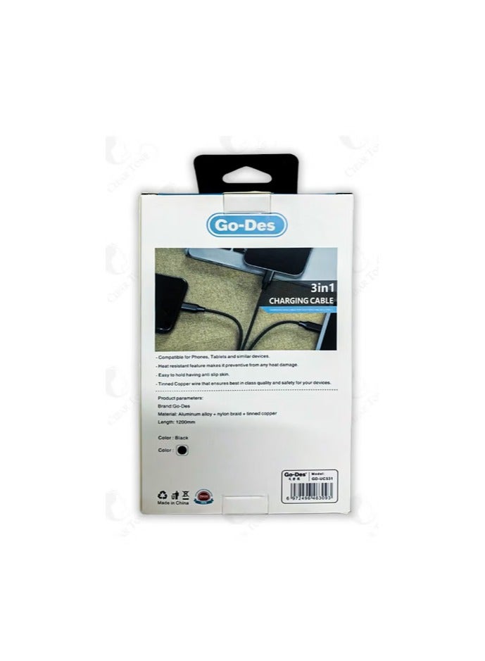 جو-ديز كابل جو ديس متعدد الشحن العالمي 3 في 1 يو إس بي إلى نوع C ل مايكرو يو إس بي ل موصل لايتنينج ل مضفر نايلون ل كابل نقل بيانات فائق السرعة 3.1 أمبير ل متوافق مع أبل/أندرويد ل طول 1200 مم ل اللون أسود - Image 2