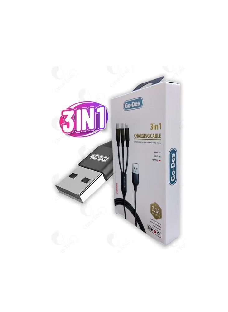 جو-ديز كابل جو ديس متعدد الشحن العالمي 3 في 1 يو إس بي إلى نوع C ل مايكرو يو إس بي ل موصل لايتنينج ل مضفر نايلون ل كابل نقل بيانات فائق السرعة 3.1 أمبير ل متوافق مع أبل/أندرويد ل طول 1200 مم ل اللون أسود - Image 3