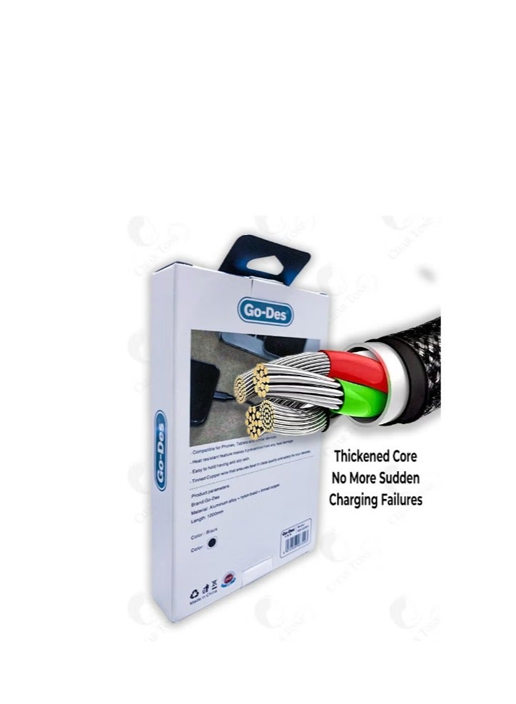 جو-ديز كابل جو ديس متعدد الشحن العالمي 3 في 1 يو إس بي إلى نوع C ل مايكرو يو إس بي ل موصل لايتنينج ل مضفر نايلون ل كابل نقل بيانات فائق السرعة 3.1 أمبير ل متوافق مع أبل/أندرويد ل طول 1200 مم ل اللون أسود - Image 4