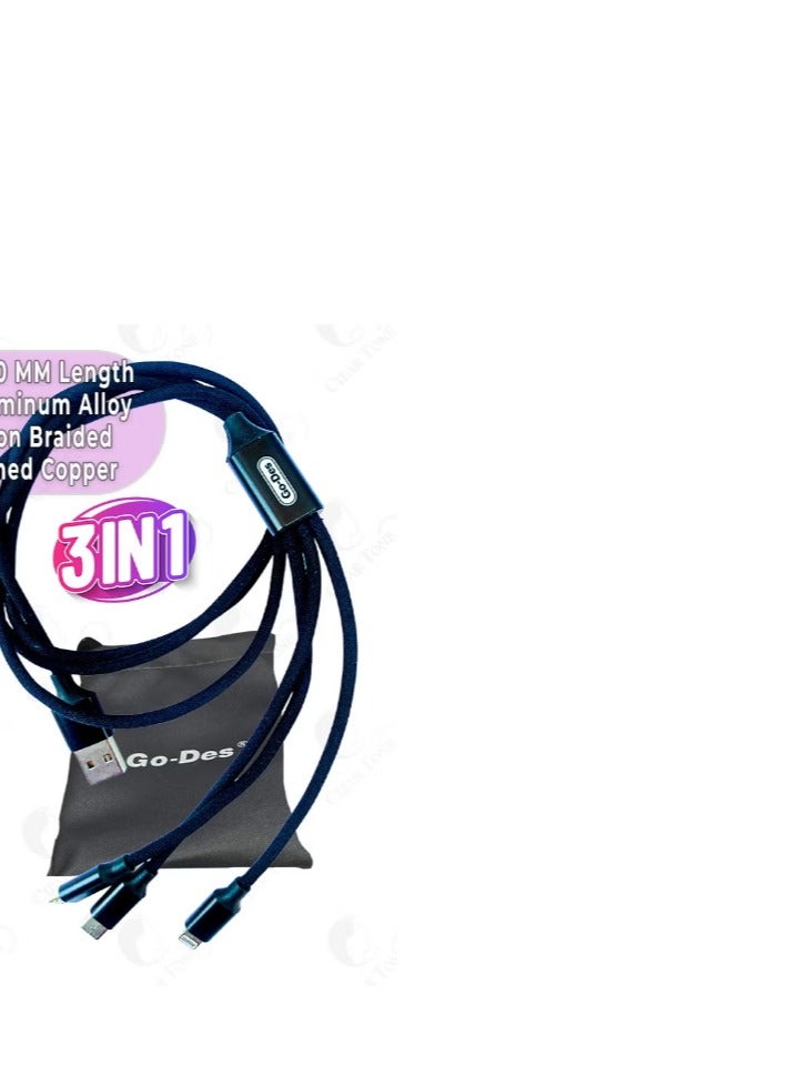 جو-ديز كابل جو ديس متعدد الشحن العالمي 3 في 1 يو إس بي إلى نوع C ل مايكرو يو إس بي ل موصل لايتنينج ل مضفر نايلون ل كابل نقل بيانات فائق السرعة 3.1 أمبير ل متوافق مع أبل/أندرويد ل طول 1200 مم ل اللون أسود - Image 5