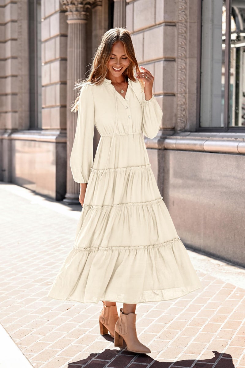 MASCOMODA Fall Long Sleeve Maxi Dresses for Women 2025 Casual Boho Button Ruffle Neck Tiered A Line Flowy Wedding Guest Dress(Beige,Medium) - Image 3