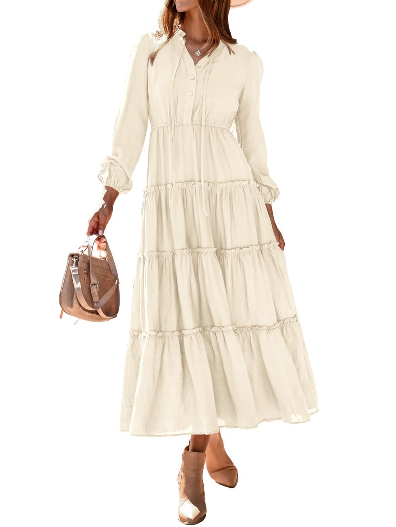 MASCOMODA Fall Long Sleeve Maxi Dresses for Women 2025 Casual Boho Button Ruffle Neck Tiered A Line Flowy Wedding Guest Dress(Beige,Medium) - Image 1
