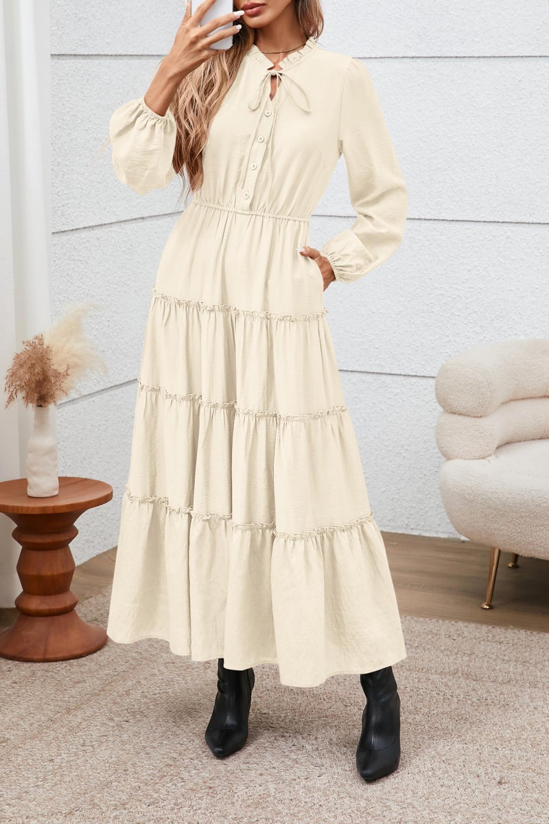 MASCOMODA Fall Long Sleeve Maxi Dresses for Women 2025 Casual Boho Button Ruffle Neck Tiered A Line Flowy Wedding Guest Dress(Beige,Medium) - Image 4