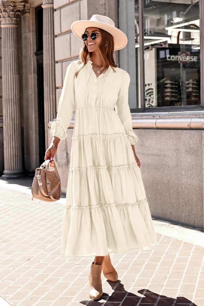 MASCOMODA Fall Long Sleeve Maxi Dresses for Women 2025 Casual Boho Button Ruffle Neck Tiered A Line Flowy Wedding Guest Dress(Beige,Medium) - Image 2