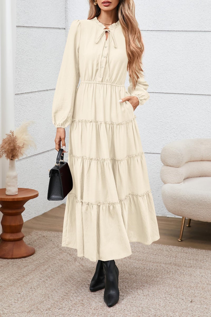 MASCOMODA Fall Long Sleeve Maxi Dresses for Women 2025 Casual Boho Button Ruffle Neck Tiered A Line Flowy Wedding Guest Dress(Beige,Medium) - Image 5