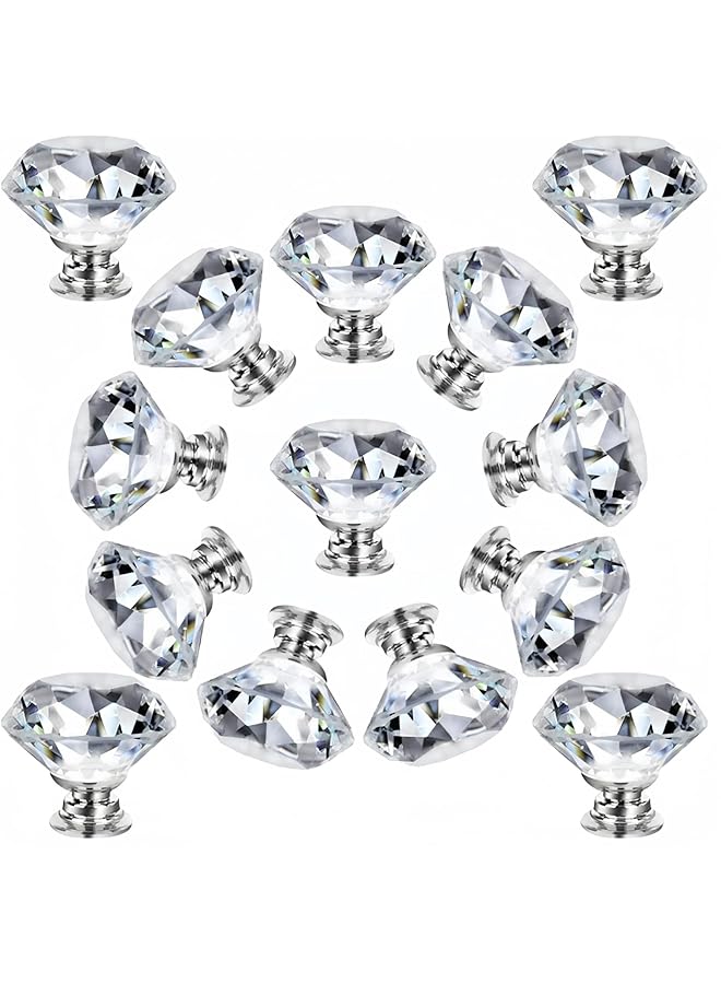 The Bros 14 Pack Cabinet & Furniture Knobs, 30mm Diamond Shaped Crystal Glass Drawer Pulls, Aluminum Alloy Cabinet Door Handles Gold & Silver, for Kitchen, Bathroom, Bedroom, Includes Screws (silver) - Image 1