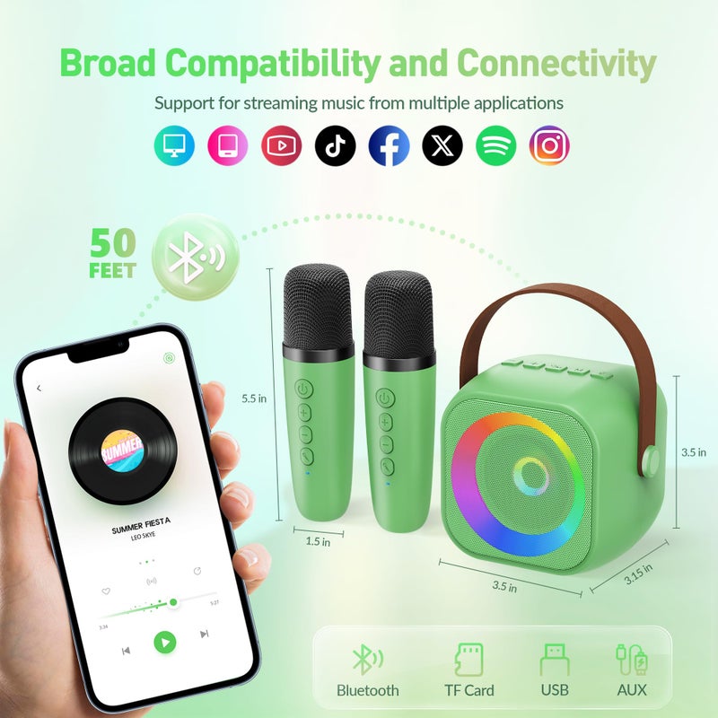BEILIHART Mini Karaoke Machineï¼šPortable Bluetooth Karaoke Microphone, Singing Speaker with 2 Wireless Mic and Light Kids Adults, Christmas Birthday Gifts for Girls Boys Family Home Party(Green) - Image 3