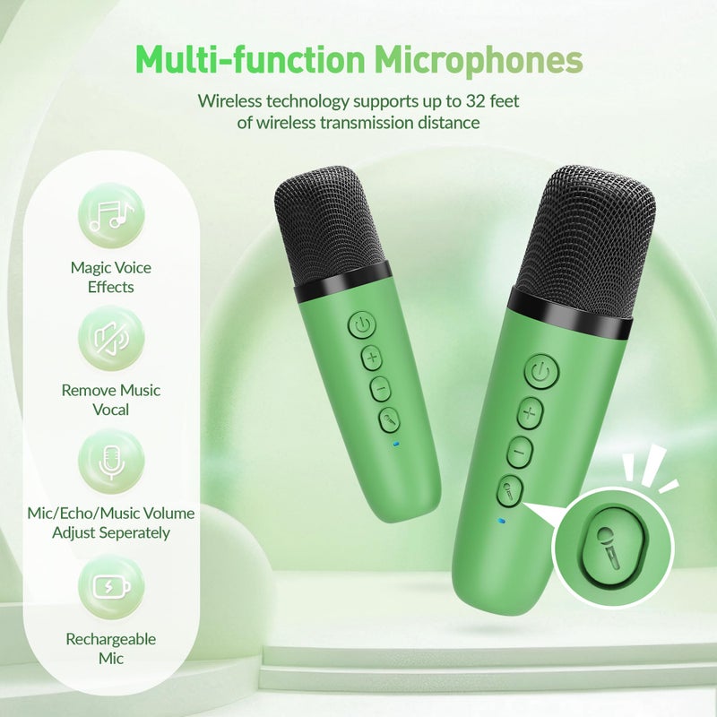 BEILIHART Mini Karaoke Machineï¼šPortable Bluetooth Karaoke Microphone, Singing Speaker with 2 Wireless Mic and Light Kids Adults, Christmas Birthday Gifts for Girls Boys Family Home Party(Green) - Image 5