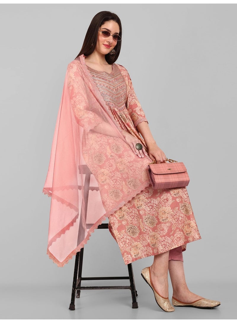 Naixa Women's Peach Chanderi Embroidered and Printed A-Line Kurta with Pant and Laced Organza Dupatta Set (NX-393-Peach-S) - Image 5