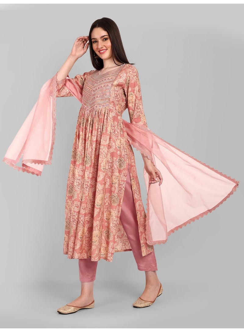 Naixa Women's Peach Chanderi Embroidered and Printed A-Line Kurta with Pant and Laced Organza Dupatta Set (NX-393-Peach-S) - Image 3