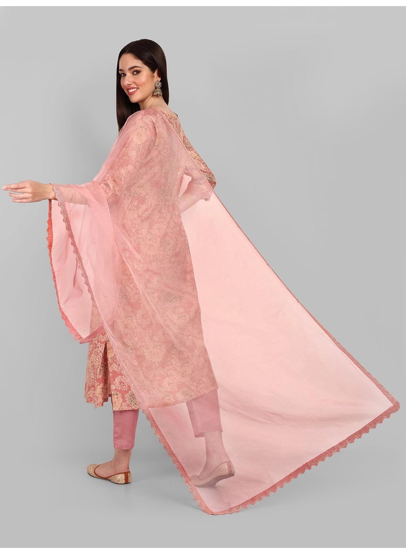 Naixa Women's Peach Chanderi Embroidered and Printed A-Line Kurta with Pant and Laced Organza Dupatta Set (NX-393-Peach-S) - Image 4