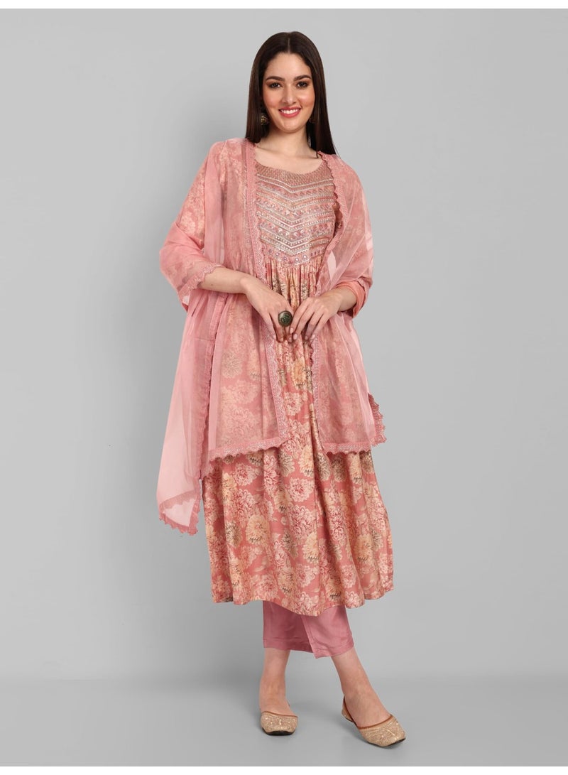 Naixa Women's Peach Chanderi Embroidered and Printed A-Line Kurta with Pant and Laced Organza Dupatta Set (NX-393-Peach-S) - Image 2