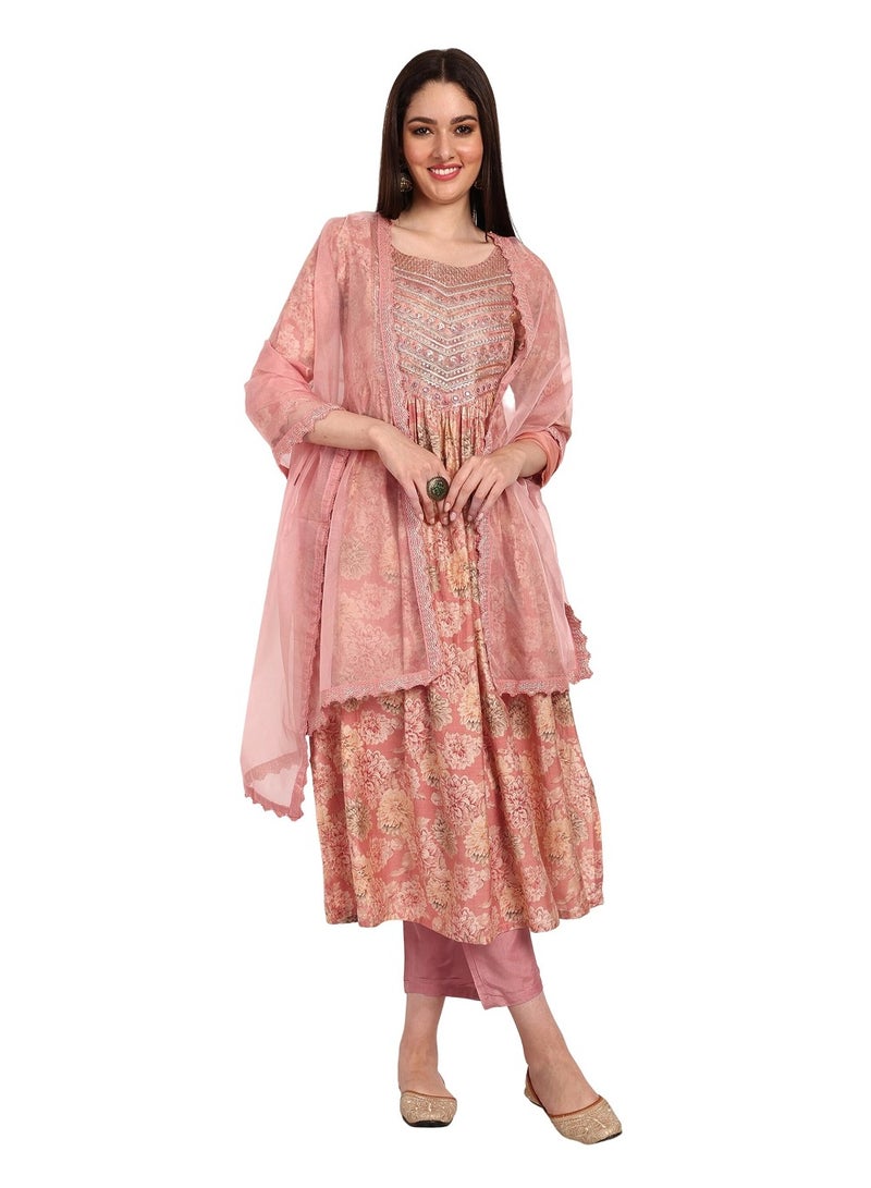 Naixa Women's Peach Chanderi Embroidered and Printed A-Line Kurta with Pant and Laced Organza Dupatta Set (NX-393-Peach-S) - Image 1