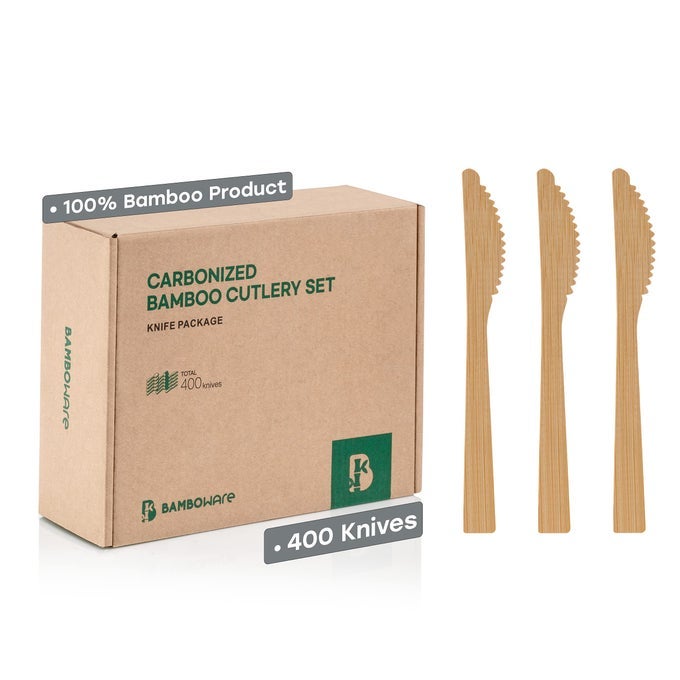 100 BAMBOO UTENSILS 400 CARBONIZED KNIVES DISPOSABLE CUTLERY BIODEGRADABLE AND SANITIZED HEAVY DUTY FULLY FUNCTIONAL