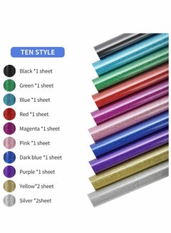 Glitter HTV Heat Transfer Vinyl 12pcs Iron on Vinyl 12in x 10in, 10 Assorted Colors Weed Heat Press Vinyl and 1 Teflon Sheet for T-shirts Works