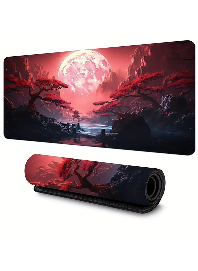 لوحة ماوس للألعاب باللون الأحمر بنقشة القمر الكامل للوحة المفاتيح والماوس (70 × 30 سم) - لوحة ماوس مكتبية مقاس كبير - قاعدة مطاطية مضادة للانزلاق - حواف مخيطة - مقاومة للماء - إصدار سريع - Image 1