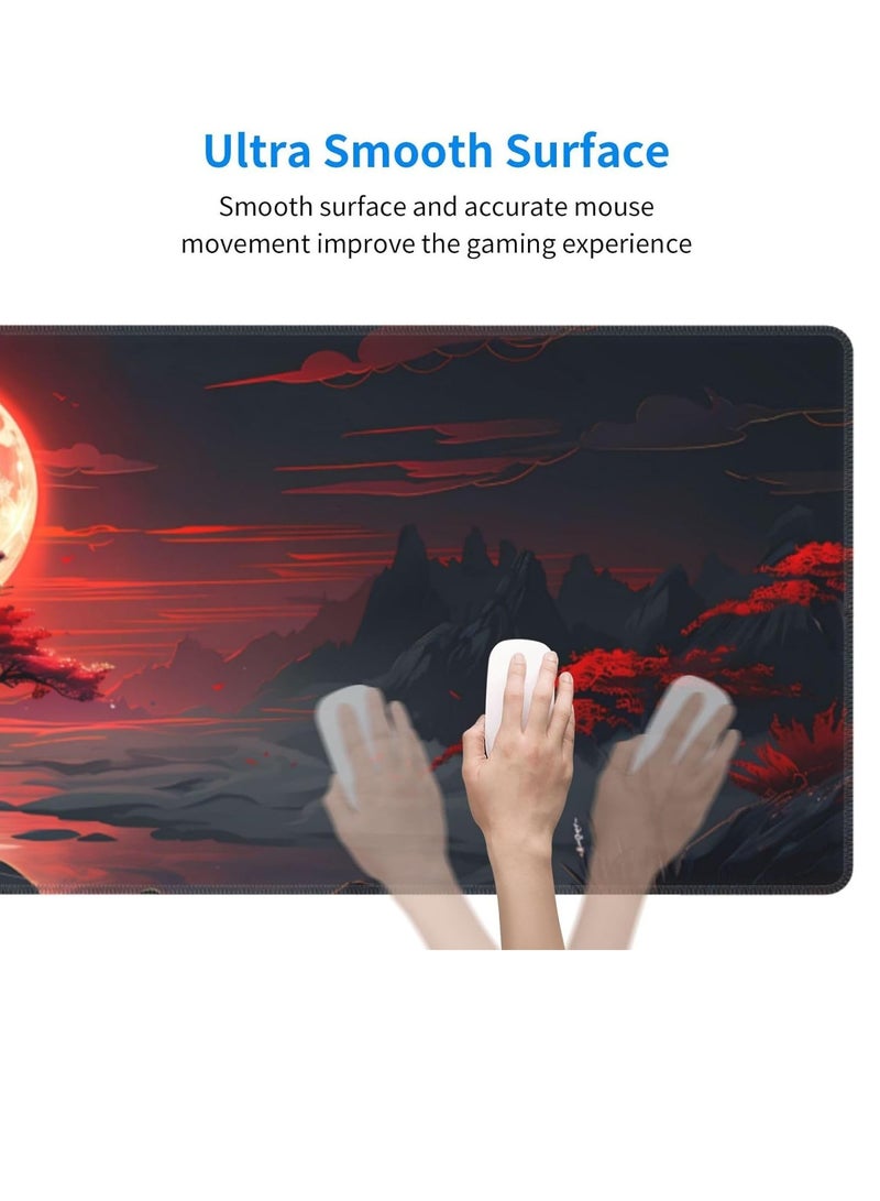 لوحة ماوس للألعاب باللون الأحمر بنقشة القمر الكامل للوحة المفاتيح والماوس (70 × 30 سم) - لوحة ماوس مكتبية مقاس كبير - قاعدة مطاطية مضادة للانزلاق - حواف مخيطة - مقاومة للماء - إصدار سريع - Image 3