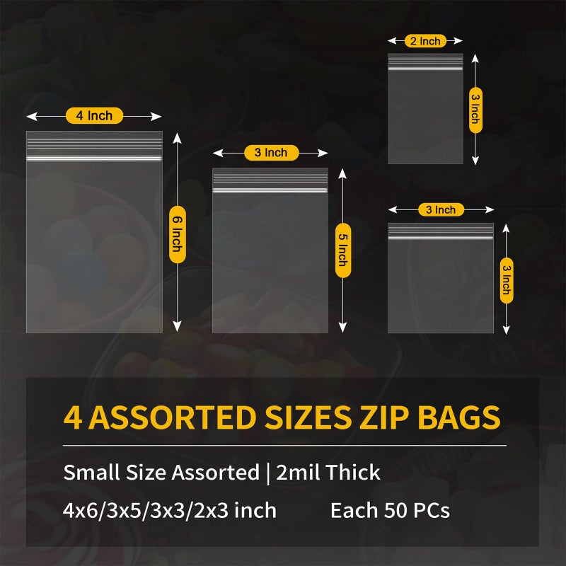 Bonison 200 Pack Small Plastic Bags For Jewelry, Mini Baggies 4 Assorted Sizes. 2x3 3x3 3x5 4x6 Inch 2 Mil Thick Poly Zipper Lock Bags Clear for Jewelry, Bead, Toy Piece, Pill, Snack Storage. PP Resealable - Image 2