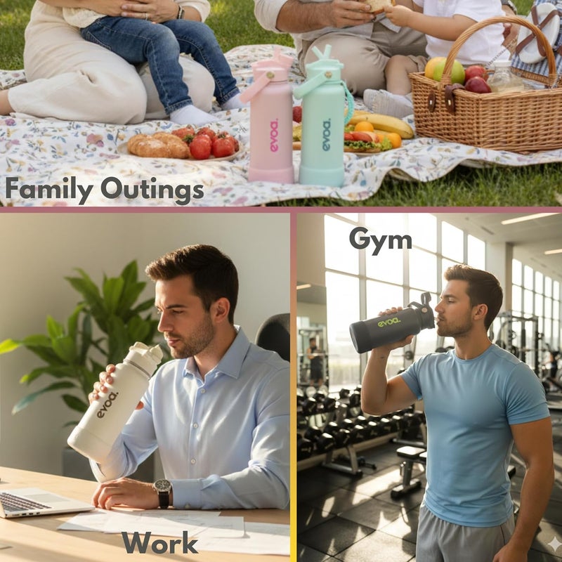 Oceanic evoa. 1000ml Premium Insulated Double Wall Stainless Steel Water Bottle, 2-in-1 Lid with Straw & Spout, Leak-Proof, Keeps Drinks Cold or Hot, 32oz Water Bottle for Gym, Outdoo (Classic Black) - Image 5