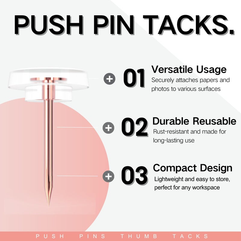 OIAOIW 120 PCS Flat Rose Gold Push Pins for Wall Thumb Tacks for Walls Flat thumbtacks Push pin for Bulletin Board Shadow Box Display Thumbtack for Cork Board - Image 2