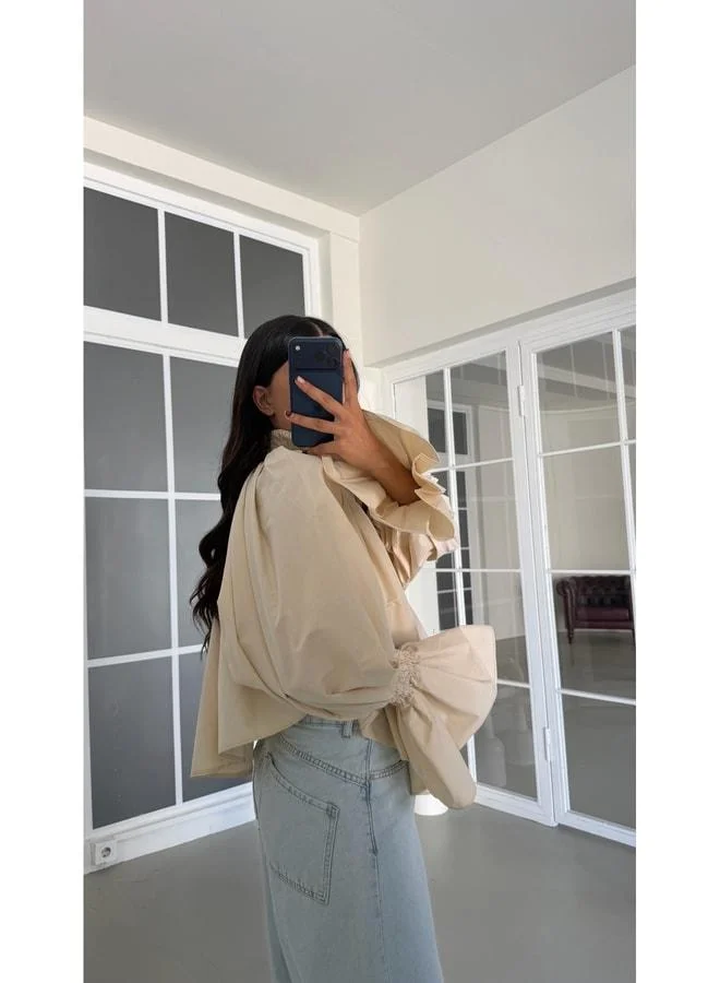 Gaus Beige Sleeve Ruffled Poplin Fabric Blouse GAUS-01921.