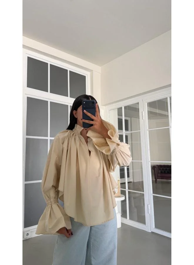 Beige Sleeve Ruffled Poplin Fabric Blouse GAUS-01921.