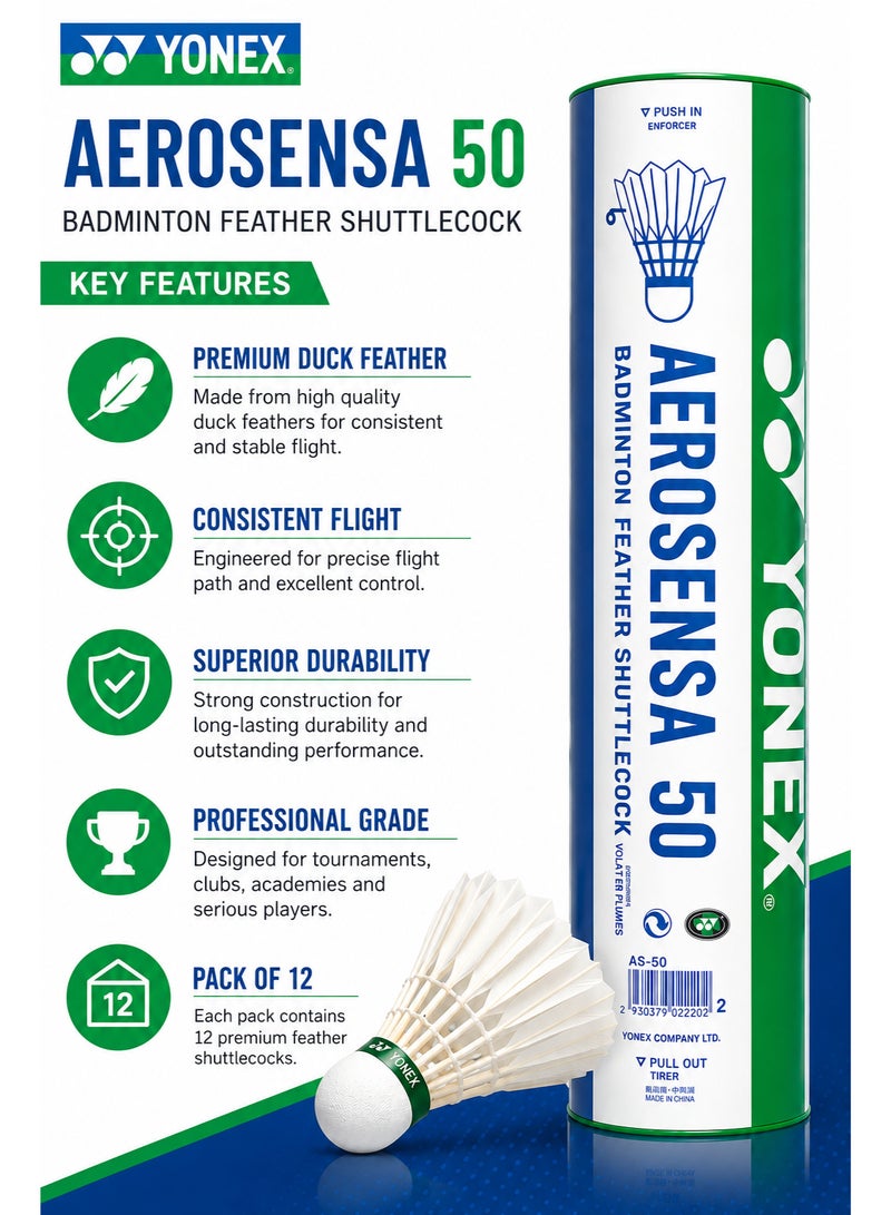 Yonex Aerosensa 50 Feather Badminton Shuttlecock AS-50 – Premium Duck Feather Shuttlecocks for Tournament & Professional Play – Pack of 12 - Image 2