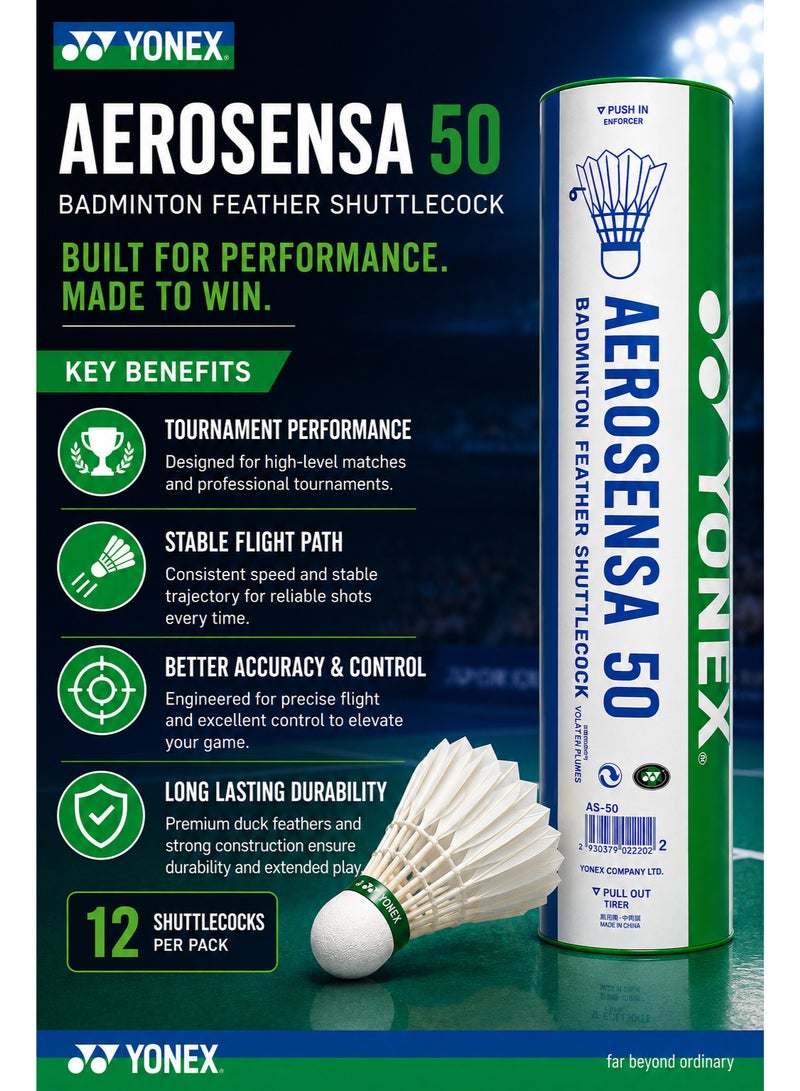Yonex Aerosensa 50 Feather Badminton Shuttlecock AS-50 – Premium Duck Feather Shuttlecocks for Tournament & Professional Play – Pack of 12 - Image 3