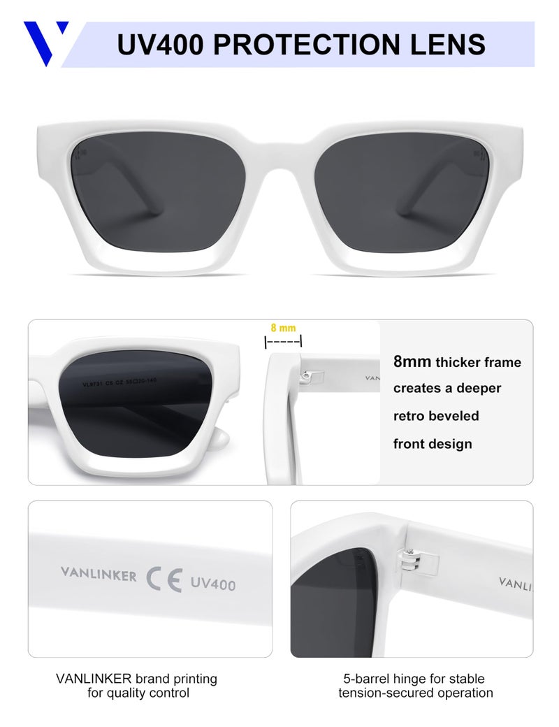 VANLINKER Thick Square Sunglasses for Men Women Retro Chunky Rectangle Shades UV400 Protection VL9731 White - Image 5