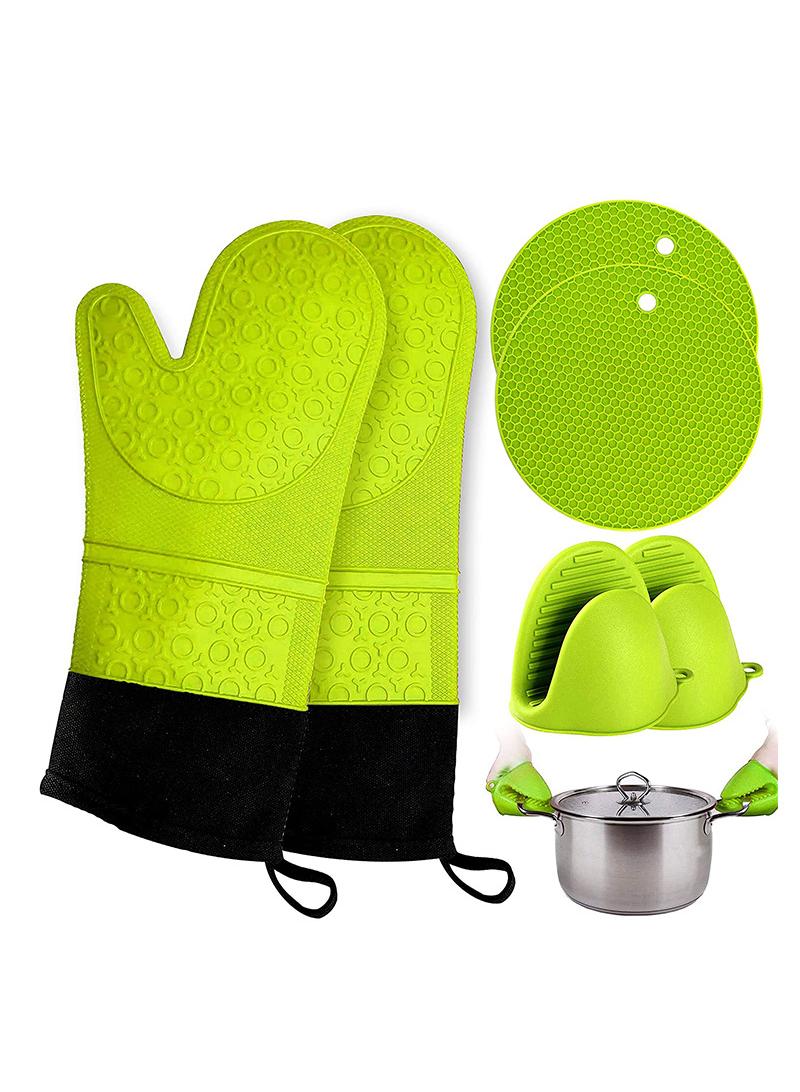 XiuWoo Silicone Oven Mitts and Pot Holders Set, Heat Resistant Mittens with Mini Gloves Hot Pads, for Kitchen Baking Cooking, Quilted Liner, Black,Pack of 6  - Image 1
