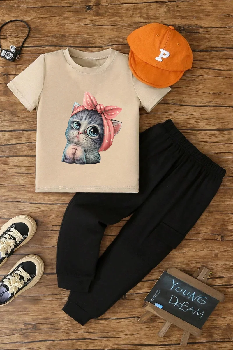 ONLYTRENDWEAR Childrens Cute Cat Bottom - Top Tracksuit Set 3-4 Years Old Beige
