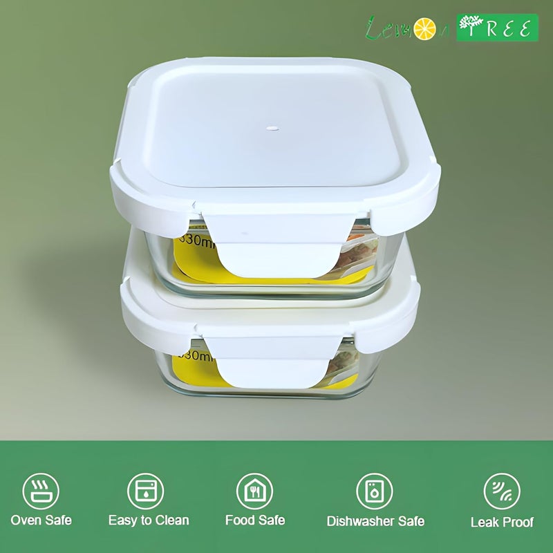 Lemon Tree Borosilicate Glass Lunch Box Set of 2 330ml Square Containers LeakProof AirTight Microwave Oven Safe White - Image 2