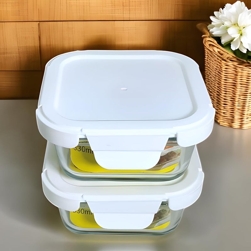 Lemon Tree Borosilicate Glass Lunch Box Set of 2 330ml Square Containers LeakProof AirTight Microwave Oven Safe White - Image 1