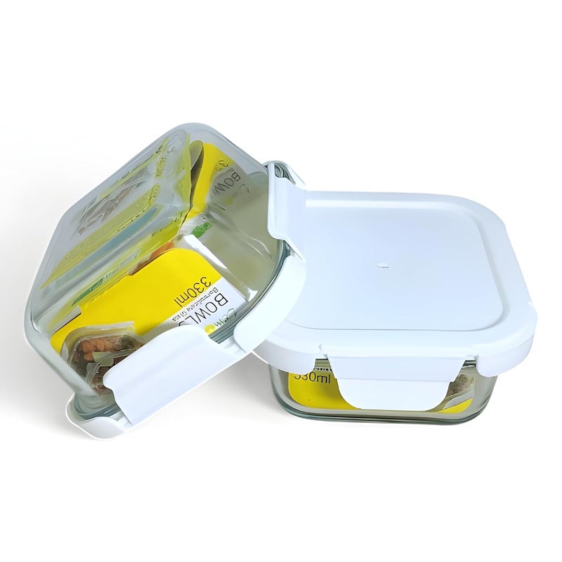 Lemon Tree Borosilicate Glass Lunch Box Set of 2 330ml Square Containers LeakProof AirTight Microwave Oven Safe White - Image 5