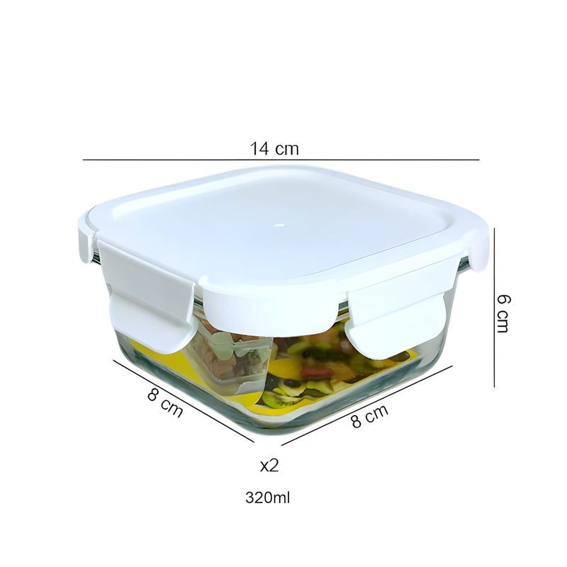 Lemon Tree Borosilicate Glass Lunch Box Set of 2 330ml Square Containers LeakProof AirTight Microwave Oven Safe White - Image 3