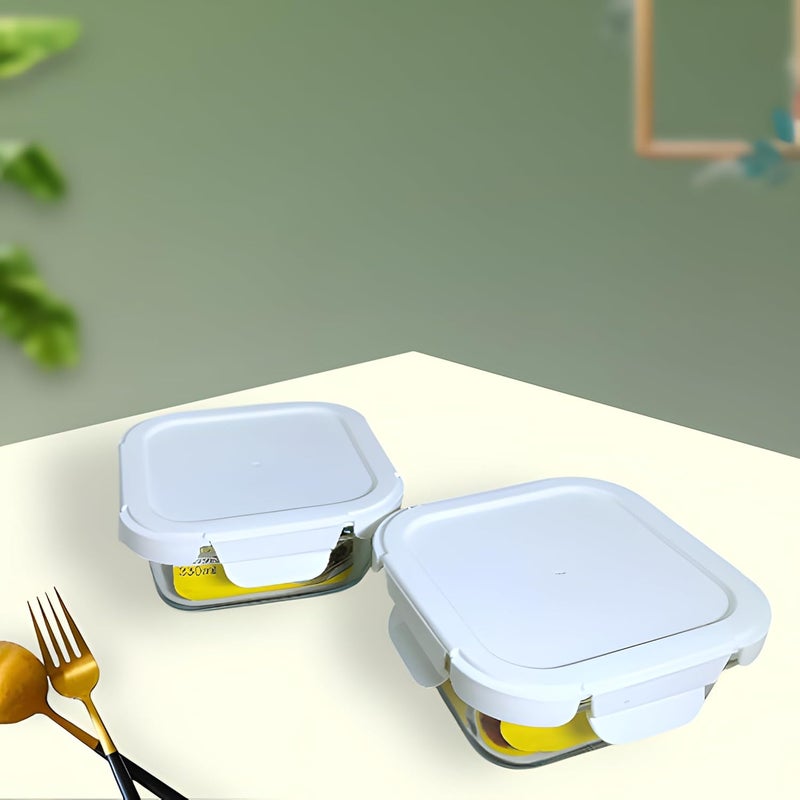 Lemon Tree Borosilicate Glass Lunch Box Set of 2 330ml Square Containers LeakProof AirTight Microwave Oven Safe White - Image 4