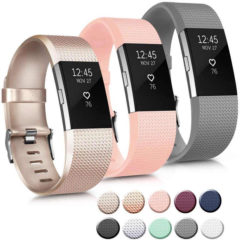 Mugust 3 Pack Sport Bands Compatible with Fitbit Charge 2 Bands Women Men, Adjustable Replacement Strap Wristbands for Fitbit Charge 2 HR Small Large (Small, Champagne Gold/Gray/Pink) - Image 1