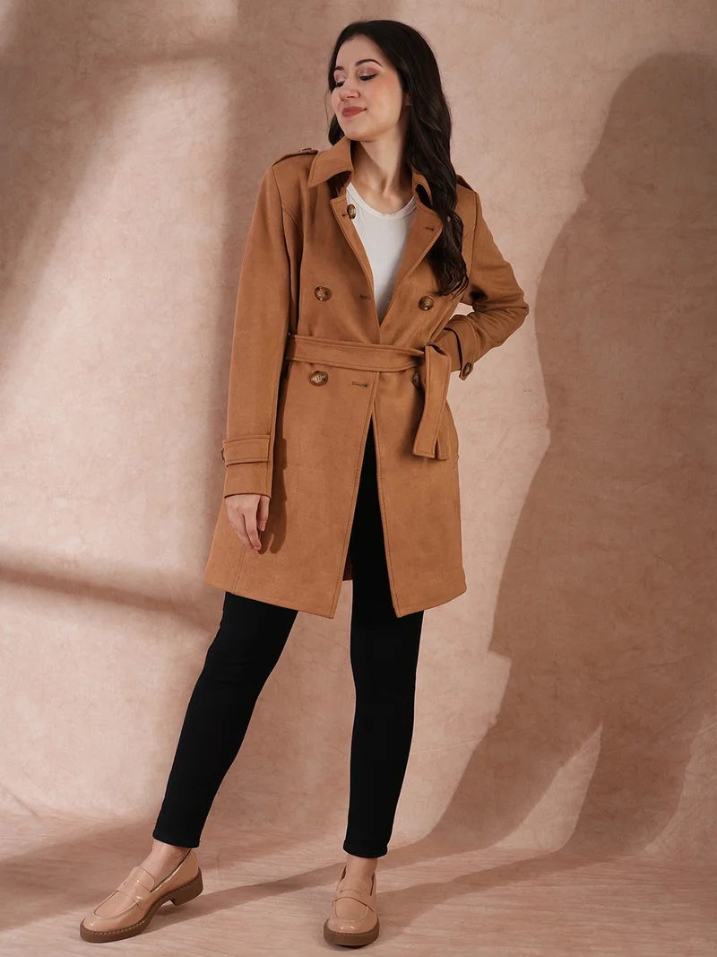 globus Women Spread Collar Double Breasted Tailored Fit Belted Pea Coat