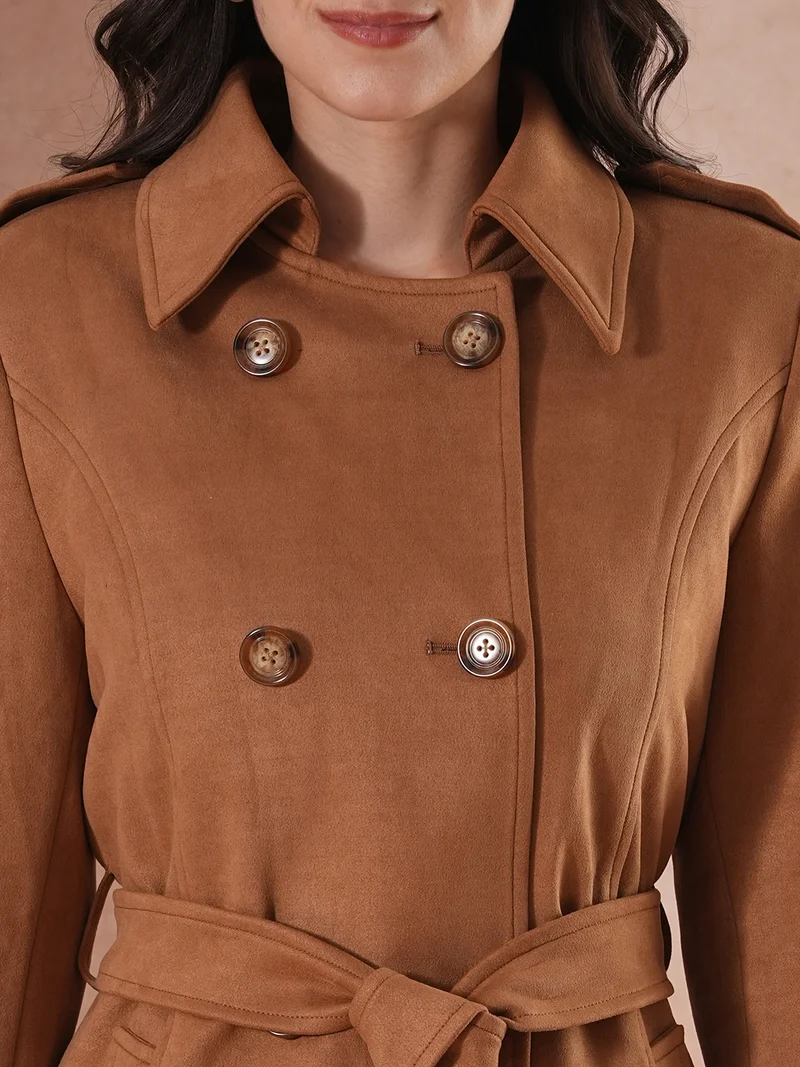globus Women Spread Collar Double Breasted Tailored Fit Belted Pea Coat