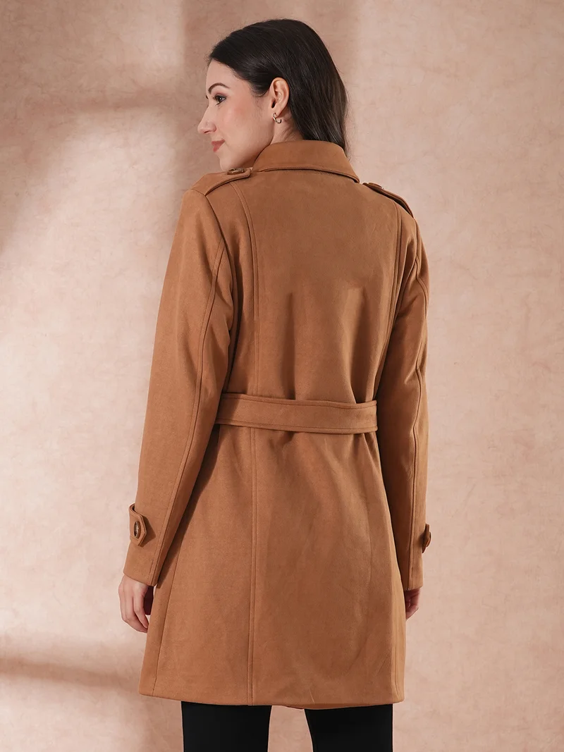 globus Women Spread Collar Double Breasted Tailored Fit Belted Pea Coat