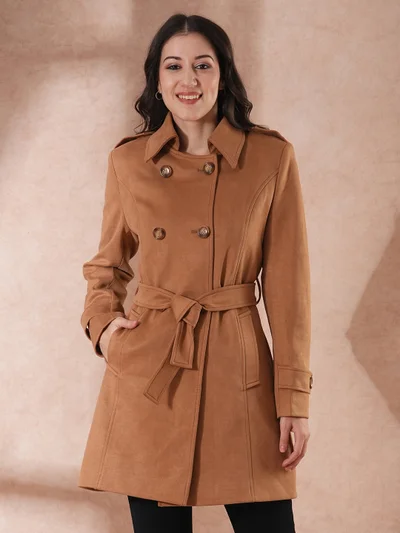 globus Women Spread Collar Double Breasted Tailored Fit Belted Pea Coat