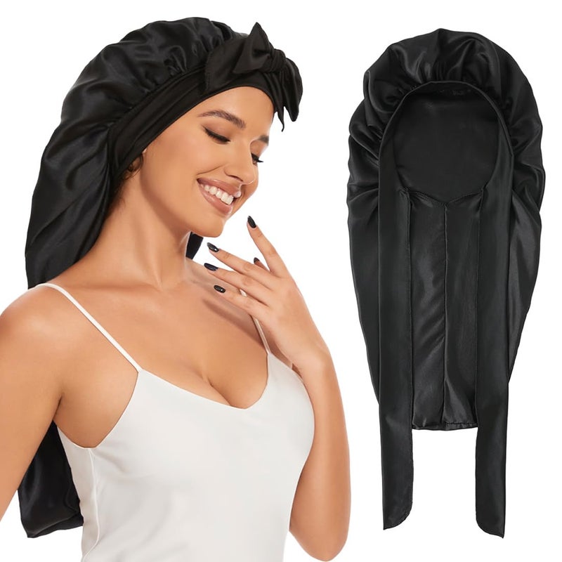 Long Satin Bonnet for Sleeping Satin Lined Braid Bonnet with Elastic Band Adjustable Long Strap Bonnets for Women Braids Dreadlock Curly HairBlack
