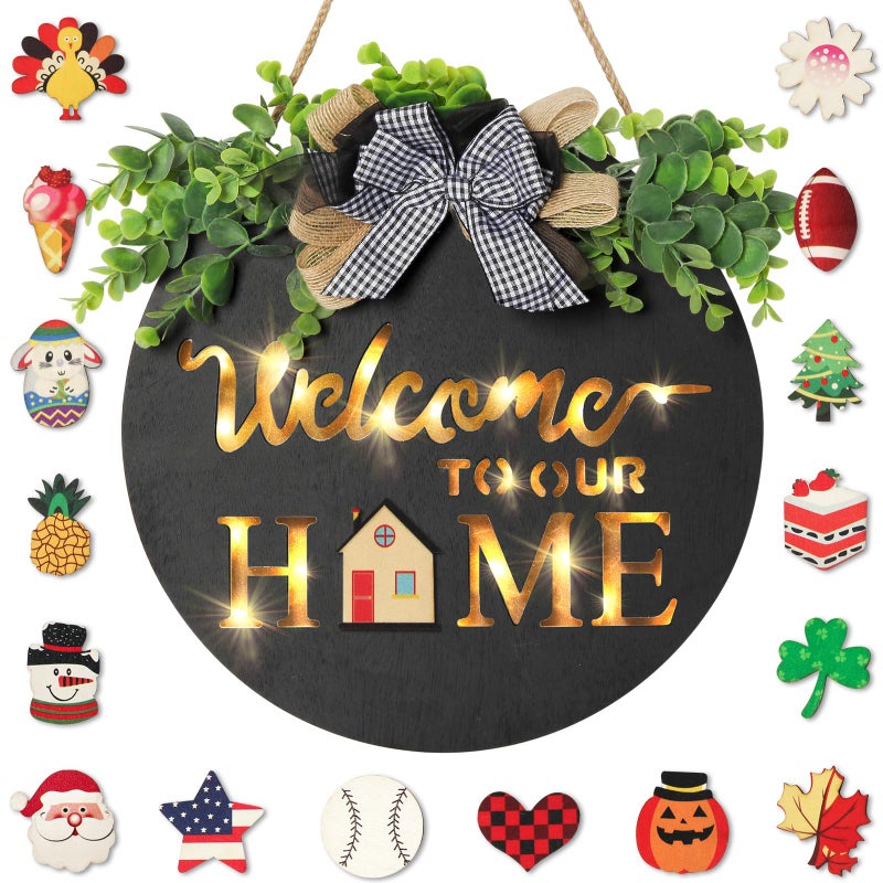 MIPON Welcome Sign for Front Door, Wall, or Porch Decor - Interchangeable Seasonal 17 Changeable Icons for All Seasons & Holidays (Spring, Summer, Fall, Winter, Easter, Christmas) - Black - Image 1